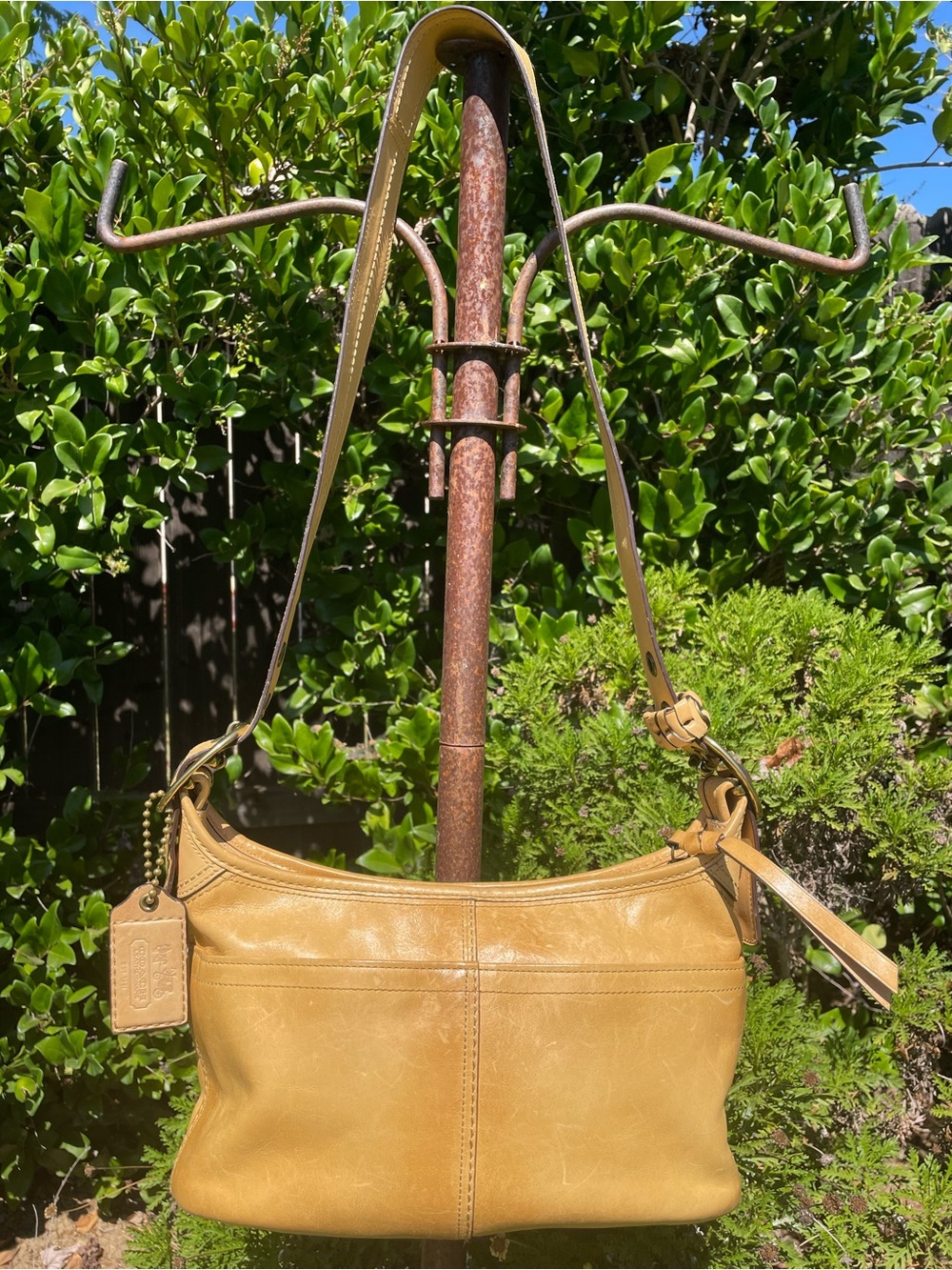Coach 2008 Camel Glove-Tanned Leather Shoulder Bag with Tattersall Plaid Lining